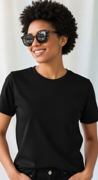 Young woman in black t-shirt mockup, urban streetwear look, stylish model with sunglasses outdoors