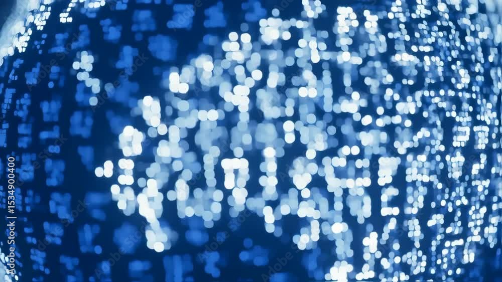 Poster abstract blurred blue bokeh pattern with light shapes suggesting glyphs and data representation