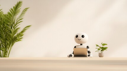 A cute robot sits at a desk with a laptop, surrounded by green plants in a minimal, bright workspace.