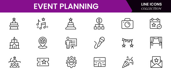 Organized vector web line icons depicting event planning, schedules, decorations, invitations, and seamless coordination for memorable occasions.