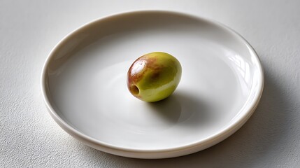 A single greenish-yellow fruit resting on a white plate against a neutral background