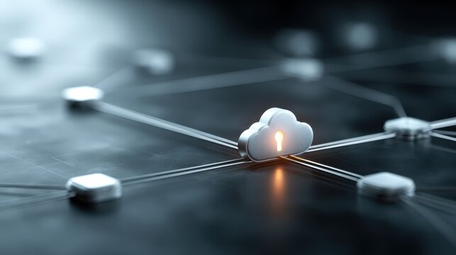 A glowing cloud icon with a keyhole is connected to multiple nodes, representing secure cloud computing and data protection in a digital network.