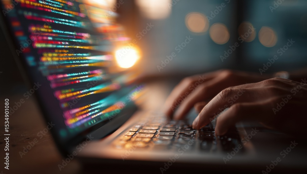 Aufkleber hands typing on laptop with colorful code displayed on screen