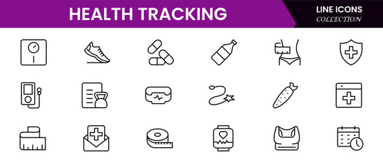 Sleek vector web line icons depicting health tracking, fitness apps, wearables, wellness metrics, and digital health monitoring solutions.