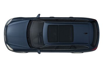 Top view of a generic, modern, blue car with sunroof on a transparent background, perfect for automotive projects