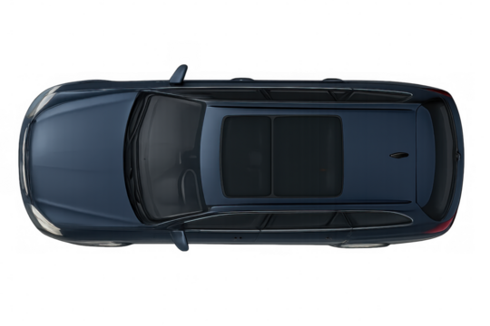 Top view of a generic, modern, blue car with sunroof on a transparent background, perfect for automotive projects