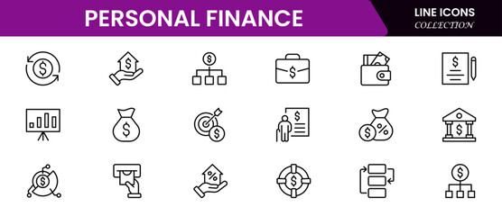 Clear vector web line icons depicting personal finance, budgeting, savings, investments, and financial planning for secure wealth management.