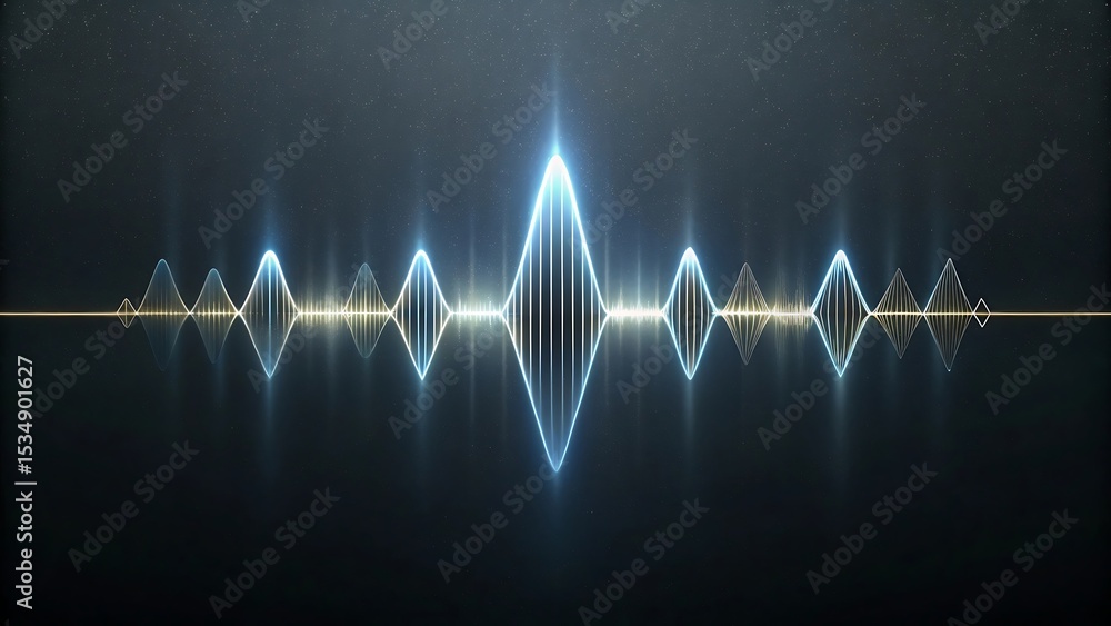 Poster stylized glowing waveform on black background representing abstract sound signal, digital audio freq