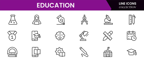 Engaging vector web line icons depicting education, learning, books, e-learning, and academic tools for knowledge and skill development.