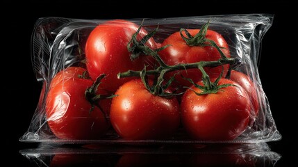 Fresh Vine Tomatoes in Vacuum Packaging with Water Droplets on Black Background