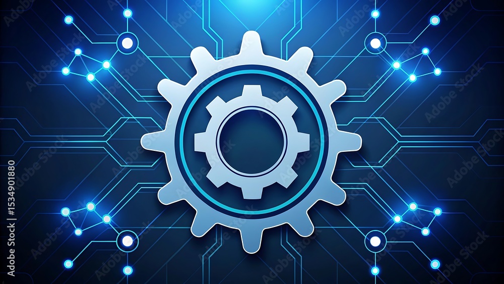 Poster glowing mechanical gear icon integrated into digital circuit background representing automation and 