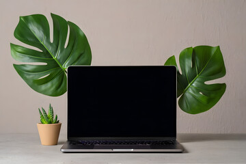 Tech and Tropical Fusion: A modern laptop takes center stage, flanked by lush green leaves and a potted plant, symbolizing the harmonious blend of technology and nature.