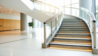 Modern interior view of a curved staircase with natural light and minimalist design elements