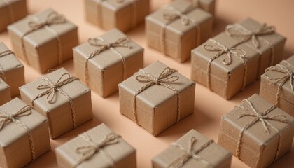 Fototapeta premium Organized kraft paper gift boxes arranged on a pastel background.