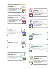Vertical Infographics 10 options or steps. Presentation, Banner, Brochure, Plan and Strategy. Vector illustration.