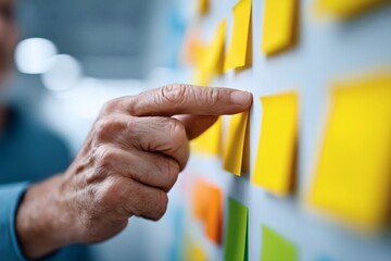 Hand choosing sticky note, Yellow memo on board, Planning or brainstorming concept in office