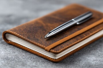Leather notebook and pen, Vintage journal on table, Writing concept with rustic style