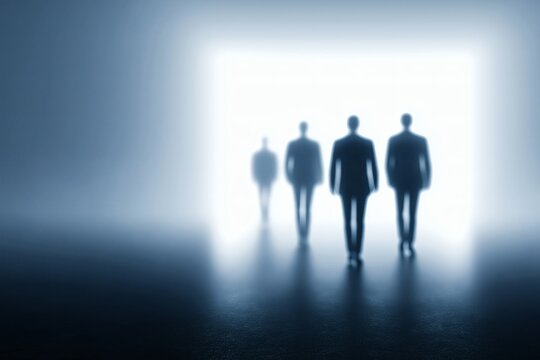 Silhouettes walking into light, Abstract leadership concept, Business vision or future transformation theme