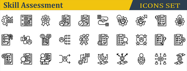 Skill Assessment Icon Set. Containing Appraisal,Mastery,Performance Appraisal,Performance Management,Quality Management,Self Assessment,Technical Support,Time Management. Outline Style