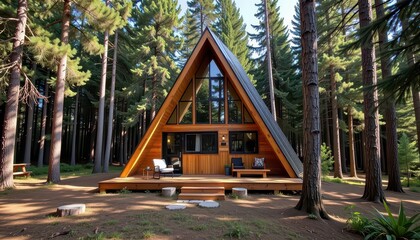 Secondary housing unit concept. A-frame cabin surrounded by tall trees in a serene forest setting.