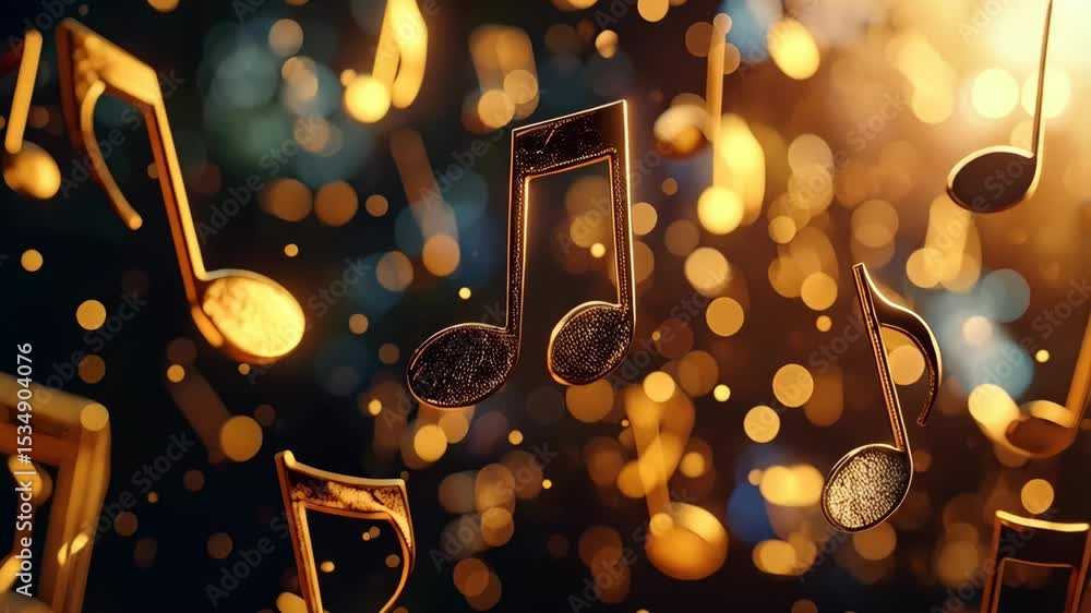 Poster golden music notes floating against a blurred festive background with bokeh lights, creating a melod