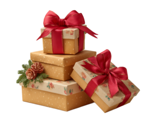 [Transparent Background PNG]Stacked Gift Boxes with Red Ribbons