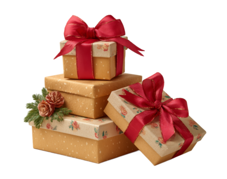 [Transparent Background PNG]Stacked Gift Boxes with Red Ribbons
