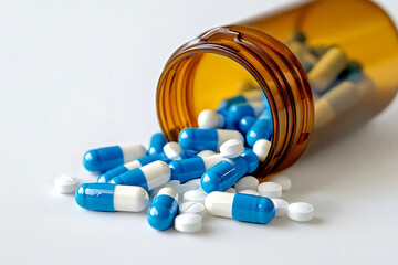 Prescription Antibiotic Capsules Spilling on White Background, High-Resolution Medical Image