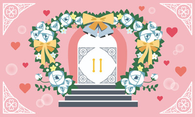 Illustration material of a door, white roses and a wedding card