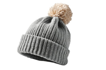 [Transparent Background PNG]Grey Knitted Beanie with Pom-Pom