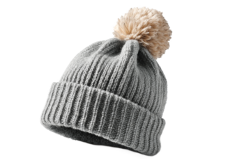 [Transparent Background PNG]Grey Knitted Beanie with Pom-Pom