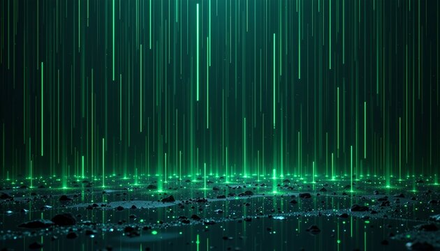 high quality, linear rain effect with glowing green streaks on dark surface, artistic minimalism