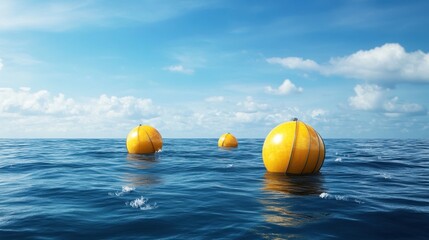 Three yellow buoys float on a calm, blue ocean under a partly cloudy sky.
