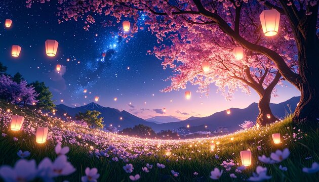 桜の夜景、ランタンの舞う春の夜、星空と桜の丘、幻想的な春風景、灯りに包まれた花畑、満開の桜と天の川、春の宵と灯籠、桜並木と星の空、夢のような桜の風景、夜桜と光の演出