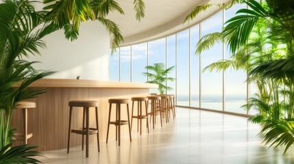Fototapeta premium A modern bar with wooden stools and lush green plants, featuring large windows and an ocean view, creating a relaxing, tropical atmosphere.