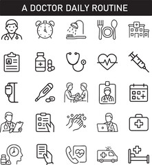 Doctor Daily Routine Icons | Medical Line Art Symbols for Healthcare Work