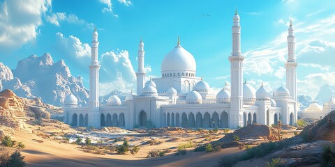 Obraz premium Majestic White Mosque with Tall Minarets in Desert Landscape Under Bright Blue Sky
