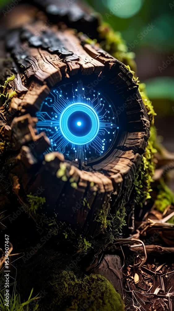 Aufkleber abstract futuristic technology in a tree trunk, artificial intelligence eye, nature and technology i
