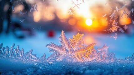 Frozen windowpane with intricate snowflake at sunset