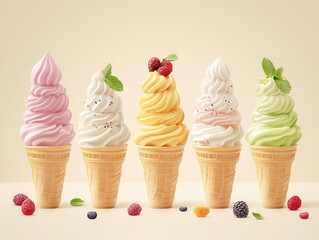 Six illustrated ice cream cones in pastel tones