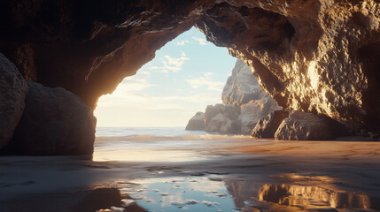 Sunlit cave interior by the beach