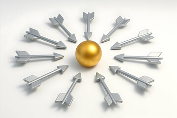Strategic Target Golden Sphere Surrounded by Converging Arrows Illustrating Focused Goals and Teamwork