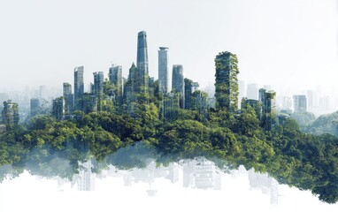 Fototapeta premium Lush Green Cityscape Modern Towers Amidst Trees and Haze