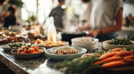 Kitchen becomes a hub of joy and connection as a group of friends and family gather around the island, sharing freshly prepared dishes in warm setting.