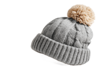 [Transparent Background PNG]Stylish Gray Cable Knit Beanie with Pompom