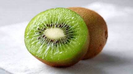 Freshly Sliced Kiwi Fruit Displaying Vibrant Green Interior and Brown Exterior