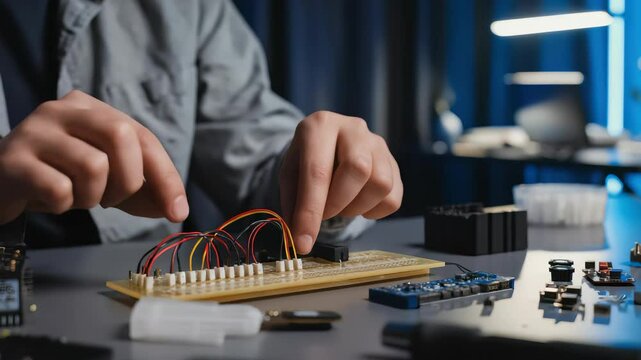 Building circuits with electronic components in a modern workspace during evening hours