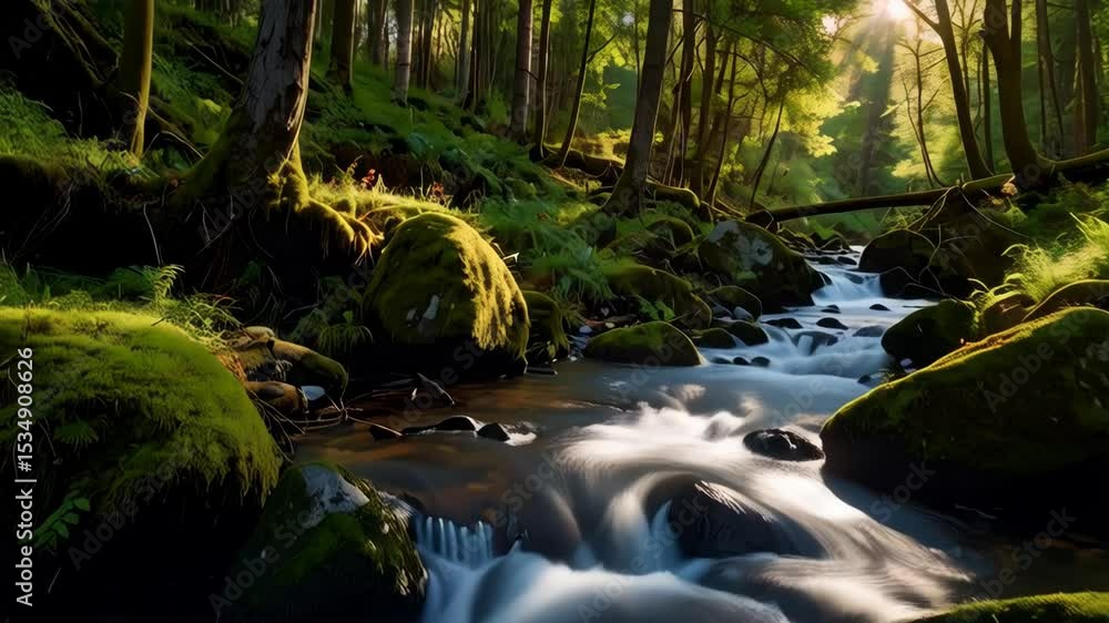 Aufkleber scenic forest stream flowing through moss covered rocks with sunlit trees in the background creating