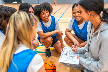 Female basketball coach explaining game strategy to team