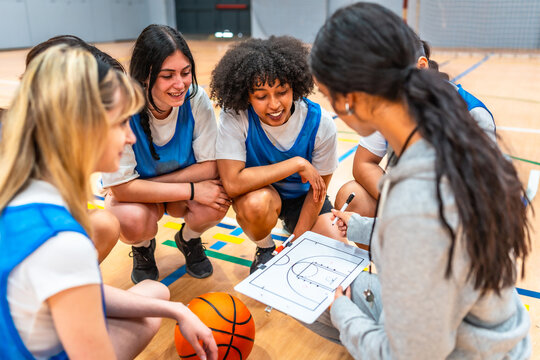 Female basketball coach explaining game strategy to team